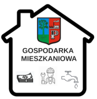 wewnątrz zarysu domu umieszczony napis gospodarka mieszkaniowa, powyżej napisu herb gminy Pieńsk, ponizej ikony pieniędzy, człowieka z kluczem do napraw i kranu